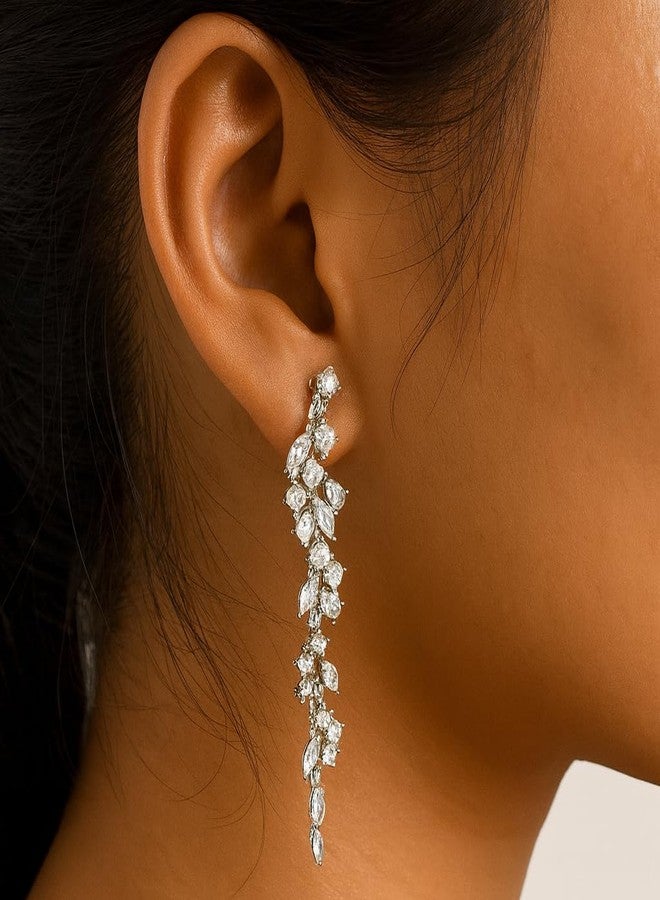 ZENCHEER Long Tassel 925 Sterling Silver Drop Clip On Earrings for Women, Cubic Zirconia CZ Dangle Drop Earrings Non Pierced Earrings for Wedding Party - Image 2